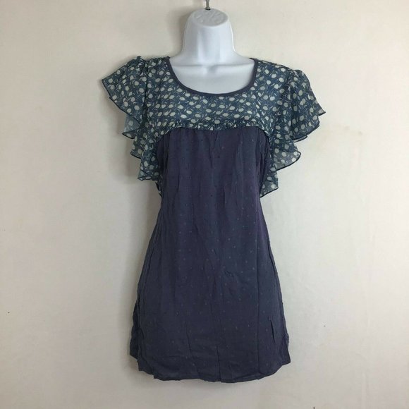 Suzanne Betro Weekend Womens Navy Floral Ruffle Sleeve Round Neck Blouse Size XL - Picture 2 of 11